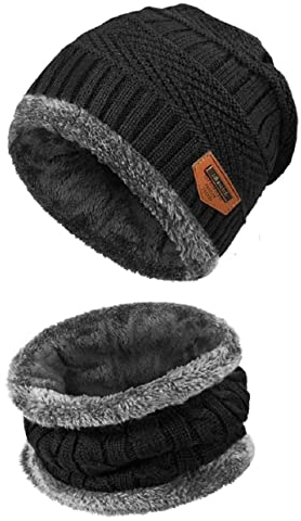 Lerkely Wintermütze Strickmütze, Warme Mütze Kreis Schal Set, Winter Set Beanie und Loopschal 2-in-1 mit Pelzbommel, für Männer Frauen(Schwarz)