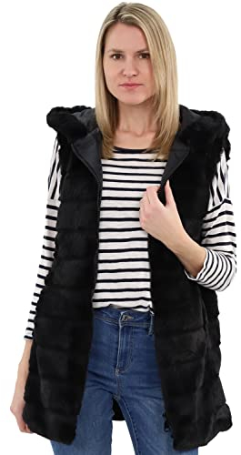 malito Damen Weste mit Kapuze | gerippte Weste aus Kunstfell | Teddyweste mit Zipper CR-1958 (schwarz M)