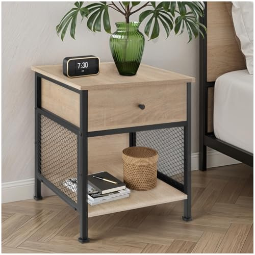 tectake® Table de Chevet 45 x 46 x 55,5 cm, Table de Nuit à tiroir Style Industriel Chevet de lit Petit Meuble de Rangement Meuble Chambre Décoration Chambre Bout de canape Salon, Bureau, Bois Clair