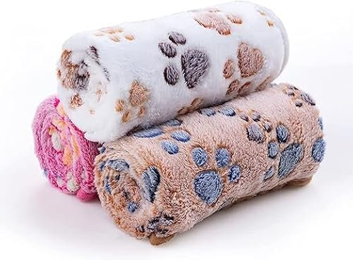 Pet Soft Hundedecke Katzendecke Welpendecke, Waschbar Warme Weiche Haustierdecken für Hunde Katzen, 3 Stück Flauschige Hundedecken für Mittlere Kleine Hunde (Medium, Pfote)