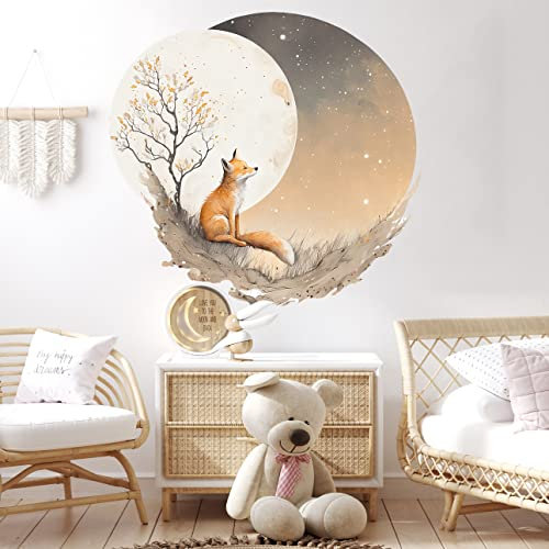 WANDKIND Fuchs Mond Wandtattoo Rund Kinderzimmer V411 | handgezeichnet | AUFKLEBER Kindergarten | Wandsticker Babyzimmer Mond (130 x 130 cm)