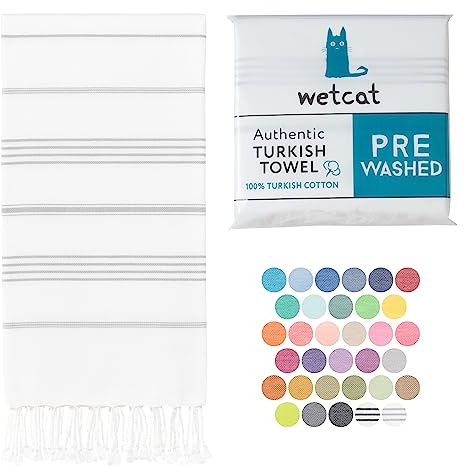 WETCAT Türkisches Strandtuch, übergroß, 96 x 180 cm, 100% Baumwolle, sandfrei, schnell trocknend, extra groß, leicht, Reisehandtuch für Erwachsene, Strandzubehör, Geschenke, Grau und Weiß