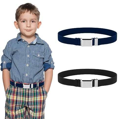Lusofie 2 Stück Kindergürtel Jungen Stretch Taillengürtel mit Einfacher Silberner Quadratischer Schnalle Verstellbare Kleid Gürtel für Jungen und Mädchen Gürtel für Kleider (Schwarz, Dunkelblau)