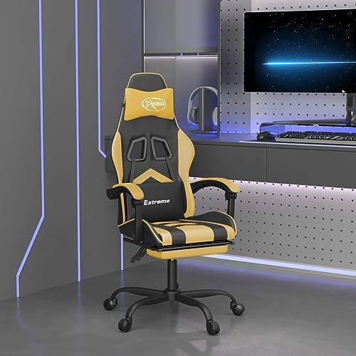 JUNZAI Gaming-Stuhl mit Fußstütze, Pc Stuhl, Gamerstuhl, Gaming Sessel, Stühle Fürs Arbeitszimmer, Stühle Für Gaming, Computerstuhl, Playstation Sessel, Schwarz und Golden Kunstleder