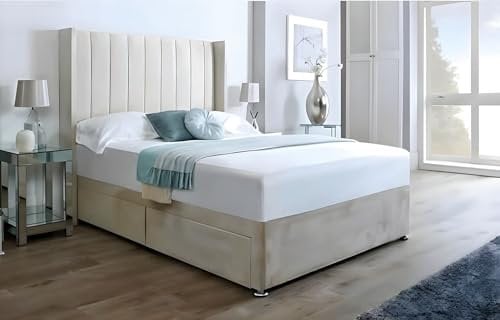 Divan Beds Deals -Cream Plush Milan Divan Bed – Elegant Bed Frame with 48” Wingback Headboard, 10” Spring Memory Foam Mattress & Storage Drawers | Bed & Mattress Sets (6FT Super King Size)