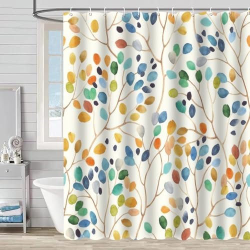 Waterproof Shower Curtain for Bathroom, Colorful Floral Leaves Curtain Bathroom Decoration with 12 Pcs Curtain Hook, 72 x 72 Inch