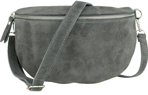 MIRROSI® Bauchtasche Damen, Made in Italy, Echtleder Umhängetasche Echtes Leder, Brusttasche, Crossbody Bag aus WLD Veloursleder, in 3 Größen erhältlich (D.Grau WLD Silberner Reißverschluss) (Gr.M)