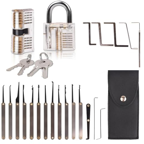 Lock Picking Set di 25 pezzi con 2 lucchetti trasparenti e manuale e tasca con cerniera per Lockpicking, set di attrezzi per il blocco portatile (custodia in pelle nero)