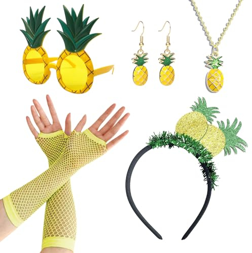 XNIVUIS 7 Stück Ananas Kostüm Set,Hawaii Kostüm Set,Ananas Krone,Ananas Brille,Ananas Ohrringe,Ananas Halskette,Netzhandschuhe,Hawaii Kopfbedeckung,Ananas Party Ananas Kostüm Damen (7 Stück)