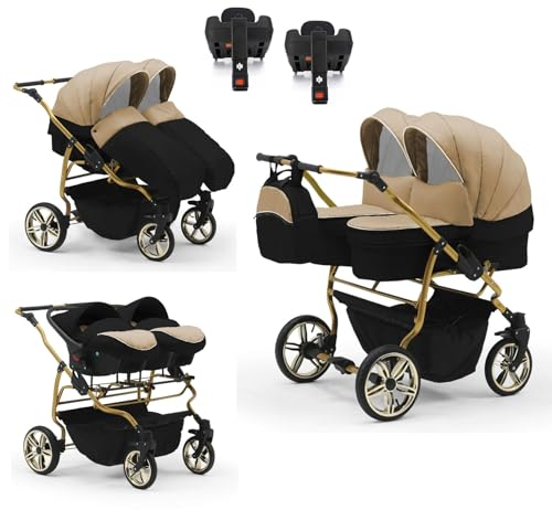 Zwillingskinderwagen 5 in 1 Duet Lux Goldedition inkl. Autositze und Iso Bases - 14 Teile - in 20 Farben