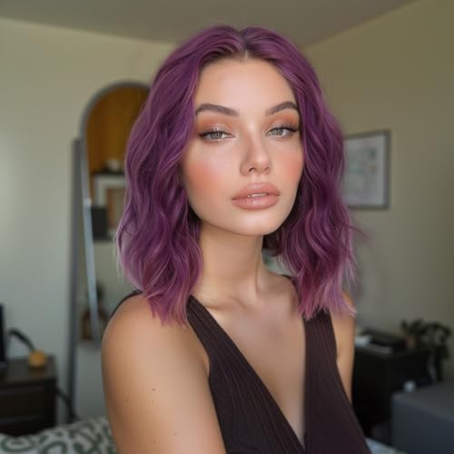 WOKESTAR Short Bob Wigs for Women, Curly Wig with Middle Parting Purple Color