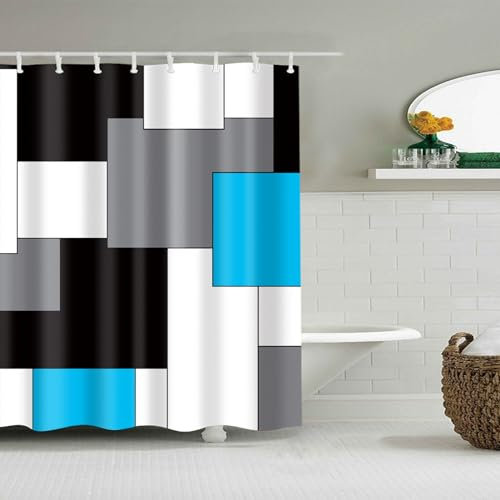 BOYOUTH Rideau de douche en polyester imperméable avec 8 crochets, noir, gris, bleu ciel, blanc à motif géométrique imprimé numérique, 137 x 198 cm, multicolore