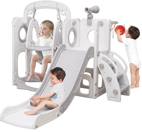 Sinbide Toboggan Enfant avec Balançoire et Panier de Basketball Aire de Jeux d'extérieur et l'intérieur pour Enfant Toboggan Bebe avec Télescope Cadeau Noël Anniversaire pour Les Enfants