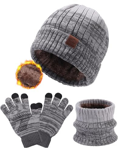 WELROG Kinder Wintermütze Schal Handschuhe für Jungen Mädchen Winter Mütze Schals Set für Kinder 4-15 Jahre Kindermütze Outdoor-Mützes