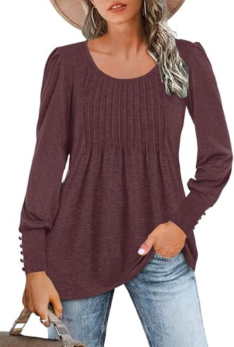 WNEEDU Chemisier Femme Elégant Manches Longues Tunique Plissée Col Rond Blouse(Rouge vin,L)