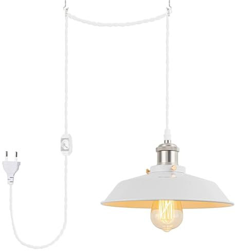 FSLiving Pendelleuchte mit Eisenschirm, steckerfertiger Kronleuchter mit 4 m CE-geschaltetem Dimmer-Steckerkabel, Nickel-Fassung und Weiß, 26cm im Durchmesser