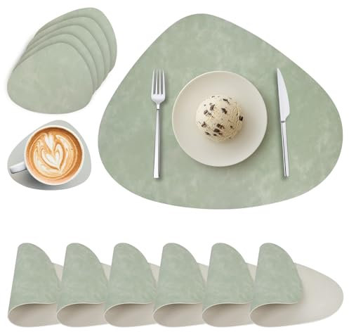 Tischsets Abwaschbar und Untersetzer - Leder Platzsets Rund Doppelseitigen Abwischbar Hitzebeständig Rutschfest Platzdeckchen Lederoptik 6er Set (Grün Elfenbeinweiß)