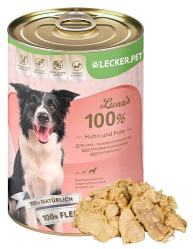 Lecker.Pet® | 6 x 400 g Luna's 100% Huhn und Pute Hunde Nassfutter | Hochwertiges Hundefutter | Natürlich & ohne Zusatzstoffe | Reich an Proteinen & Mineralien | Glutenfrei & ohne Zuckerzusatz