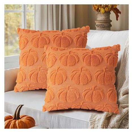 2er Set Herbst Winter Kissenbezüge 45x45 cm Dekorative Kissenbezug Kürbismuster Kunstfellwolle Weicher Plüsch Kissenhülle Sofakissenbezug Stuhl Schlafzimmer Wohnzimmer Heimdekoration(Orange)