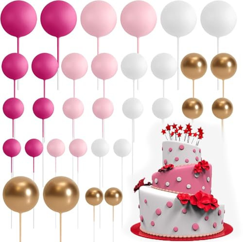 SiHuiTu 32 Pcs Cake Balls Topper Decorations Foam Cupcake Topper Mini Balloon Cake Topper Balls Cake Picks for Cake Deco Birthday Party Wedding (Pink White Gold)