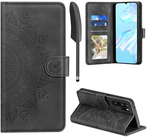 EASDNB Lederhülle für Huawei P30 Pro Hülle, Handyhülle für P30 Pro Flip Wallet PU Leder Case [Kartenfach] [Magnet] [Standfunktion] Prägung Klapphülle Schutzhülle für Huawei P30 Pro, Schwarz