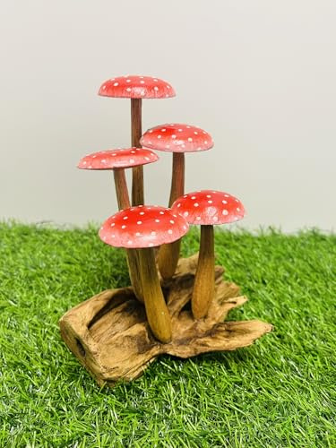 My Square Mile Wooden Mushroom Garden Ornament | Teak Wood For Indoor & Outdoor Use | Hand Carved Garden Sculpture (Red Tall 5 Mushroom)