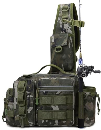 hzuisst Fishing Bag, Single Shoulder Fishing Tackle Bag with Rod Holder, Carp Fishing Tackle Bags, Camouflage Outdoor Carryall Bag, Heavy-Duty Oxford Fabric Water-Resistant Multi-Pockets Camping Pack