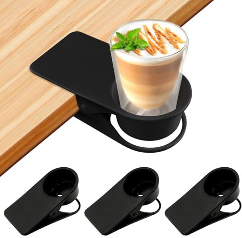 Lanstics Becherhalter zum Anklippen, Getränkehalter für Tisch, Schreibtisch, zum Klemmen auf Getränkehalter, Aufbewahrung, Untertasse, für Zuhause, Büro, Schwarz, 3 Stück