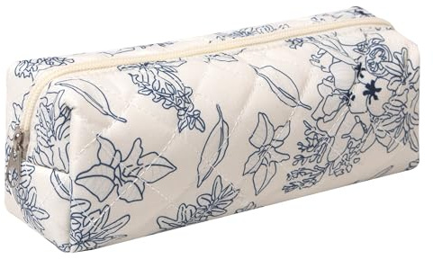 Pencil Case Office College School Storage Bag Pouch Holder Box Organizer Makeup Pouch Cosmetic Bag Aesthetic Cute Pen Case for Girls Boys Kids (Dark blue flowers)