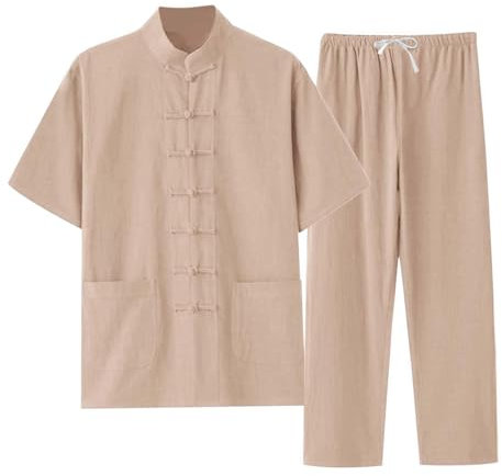 Generisch Haut 2 pièces en coton pour homme - Style chinois - Manches courtes - Haut et pantalon - Confortable - Kung Fu - Arts martiaux traditionnels - Vêtements de yoga, Jaune #2, L