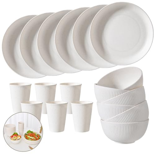 Weizenstroh-Geschirr-Set für 6 Personen, leichte und unzerbrechliche Tassen, Teller und Schüsseln, Mikrowellen-Geschirr-Set für Küche, Reisen und Camping, Beige, 18-teilig