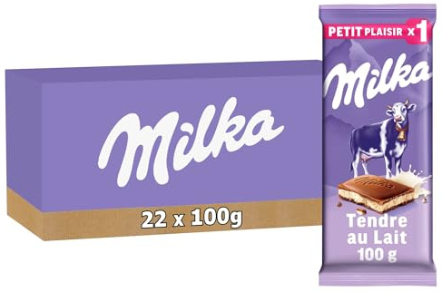 MILKA - 22 Tablettes Milka 100g - Lot de Tablettes de Chocolat au Tendre Lait du Pays Alpin et Cœur Fondant au Lait - Lot de 22x100g