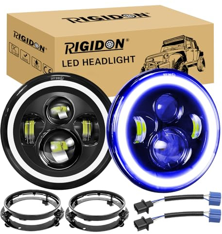 RIGIDON 2x 7 zoll rund scheinwerfer mit rundring halterung, 50W 5000lm | 6000K weiß, 4 modi fahrscheinwerfer feuer kreuz blau DRL, offroad beleuchtung, für auto Wrangler JK TJ LJ CJ Humm-er JP