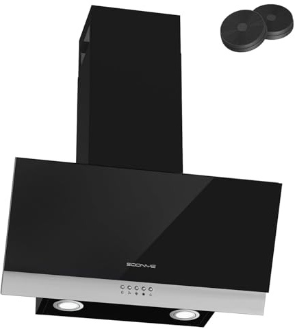 Soonye Angled Cooker Hood 60cm with Carbon Filters Recirculating & Ducting, Wall Mounted Range Hood 600mm Kitchen Extractor Fan,Black