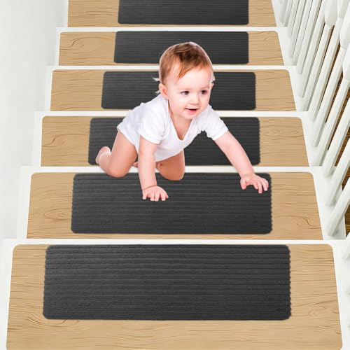 15 Stück Treppenstufen Matten, 55x22cm Stufenmatten Selbstklebend Innen Treppenteppich Stufenmatten Antirutsch Treppen Zuschneidbar Sicherheit Stufenteppich für Kinder Älteste Haustiere, Dunkelgrau
