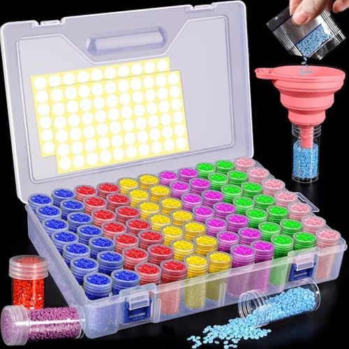 NCKIHRKK 80 Stück Diamond Painting Aufbewahrungsbox, 5D Diamond Painting Zubehör Boxen mit Rosa Trichtern und Stickers, Sortierboxen für Kleinteile