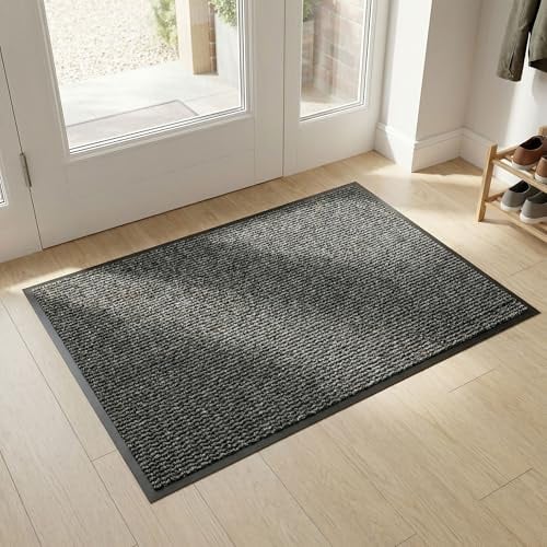 HELLSER Fußmatte | Schmutzfangmatte für außen & innen | rutschfest & flach | Oeko-Tex Zertifiziert | Für Haus, Terrasse & Flur | Schwarz-Grau | 90x120 cm