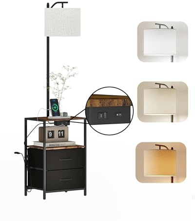 Ginhow Stehlampe Schwarz Holz Vintage mit Schirm, Stehlampe Wohnzimmer Dimmbar, Stehleuchte Wohnzimmer Dimmbar Holz, Wohnzimmerlampe Stehend, Floor Lamp, Standleuchte, Stehlampen mit Schubladen
