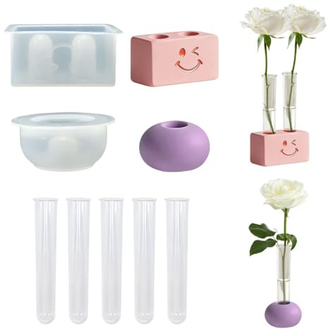 2 Vase Silikonformen Gießformen Blumenvase mit 5 Reagenzglas, Runde Vasenform Blumentöpfe Epoxidharz Formen Kleine Vasen für DIY Propagation Station, Ableger Pflanzen, Geschenke (2 Stück)