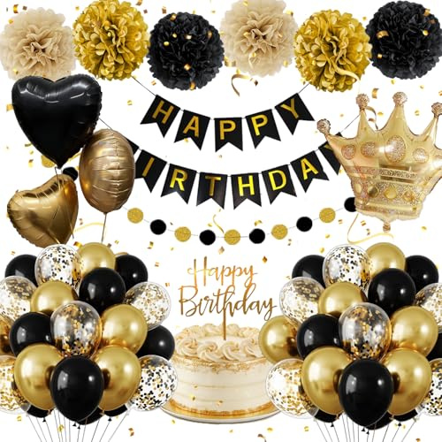 Black and Gold Party Decorations, Birthday Decorations for Women Men | Happy Birthday Banner Decorations, Crown and Heart Birthday Balloons,Confetti Balloons,Birthday Decor for Boys Girls