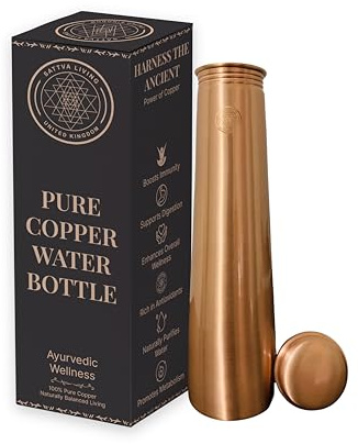 Sattva Living Pure Copper Water Bottle | 100% Genuine Copper | Always in Style - Smooth Polished Finish | Leak-Proof Screw Cap | Ayurvedic Wellness | 1 Litre