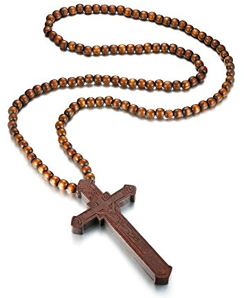 VNOX Kreuz Anhänger Halskette Herren Damen, Edelstahl Schwarz Überzogene Lange Rosenkranz (8mm Holzperlen-92cm)