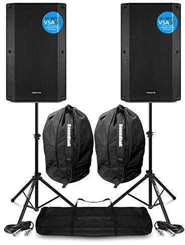 VONYX 2x VSA15BT 15 Active DJ Speakers with Stands, Cables & Bags - Powerful Bi-Amplified Speaker Pair for Events, Bluetooth Connectivity, Portable Powered DJ Speakers | active speaker pair