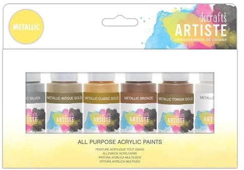 Artiste Acrylic Paint Set Pack of 6X 59ml 2oz -Metallic Colours, Quick-Drying Professional Art and Hobby Craft Artists Paint, Water-Based Paints Cover All Surfaces with Ease, Ideal for Travel Artists