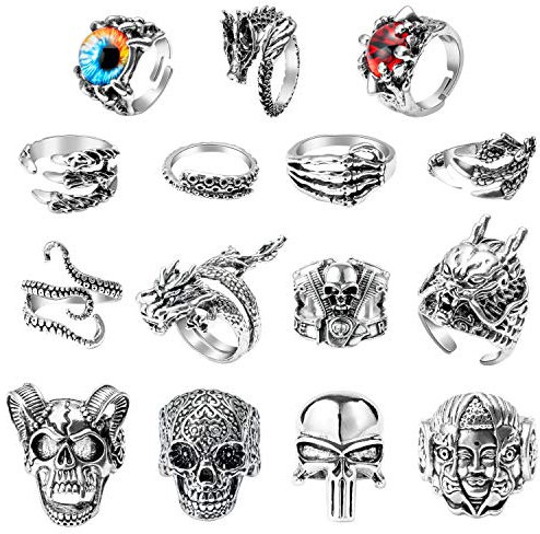 PANTIDE Lot de 15 bagues vintage punk en alliage d'acier inoxydable - Bagues réglables - Motif tête de squelette - Œil du mauvais œil - Griffe de dragon chinoise - Octopus - Rétro - Noir et argent