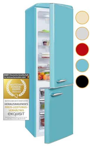 Exquisit® Frigorífico Combi Retro, 244L, Clase E, Color Azul Turquesa, Cajón Verdulero, Altura Regulable, Tiradores Retro, Estantes de Cristal, Luz LED, Consumo 202 kWh/año, Medidas 183x54,5x57,5 Cm.