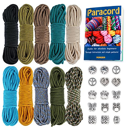 MONOBIN Micro Paracord, 2mm 10Colors 20FT Paracord Combo Kit mit Paracord Anleitung und Charms für die Herstellung von Paracord Armbänder, Lanyards (10 Farben - B)