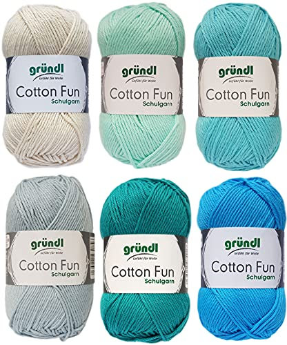 6x50 Gramm Gründl Cotton Fun Häkelgarn Strickgarn inkl. Anleitung für EIN Meerschweinchen (Baby Blau Mix)
