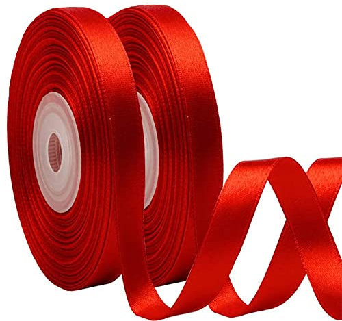 NOVAGO-2 Rouleaux 22 M Ruban Satin Décoration pour Fleurs, Cadeaux, Mariage, fêtes. (Largeur 1 cm, Rouge)