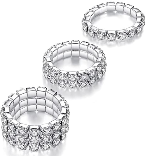 Kucheed 3 Stück Strass Stretchring, Modisches Set mit Stapelbaren Fingerringen aus Kristall, Niedlicher Zehenring Körperschmuck, Diamant Gummiband Ring, Funkelnder Daumen Finger Ring (Silber)